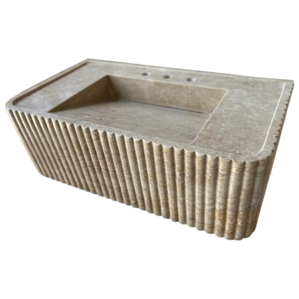 Lavabo de baño rectangular de travertino de nogal con montaje en pared, estriado (ancho) 16" (largo) 32" (alto) 10"