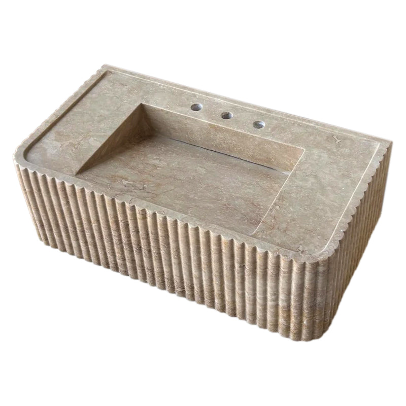 Lavabo de baño rectangular de travertino de nogal con montaje en pared, estriado (ancho) 16" (largo) 32" (alto) 10"