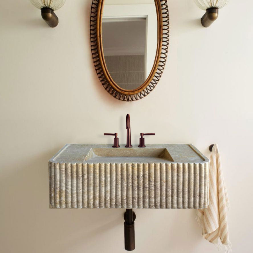 Lavabo de baño rectangular de travertino de nogal con montaje en pared, estriado (ancho) 16