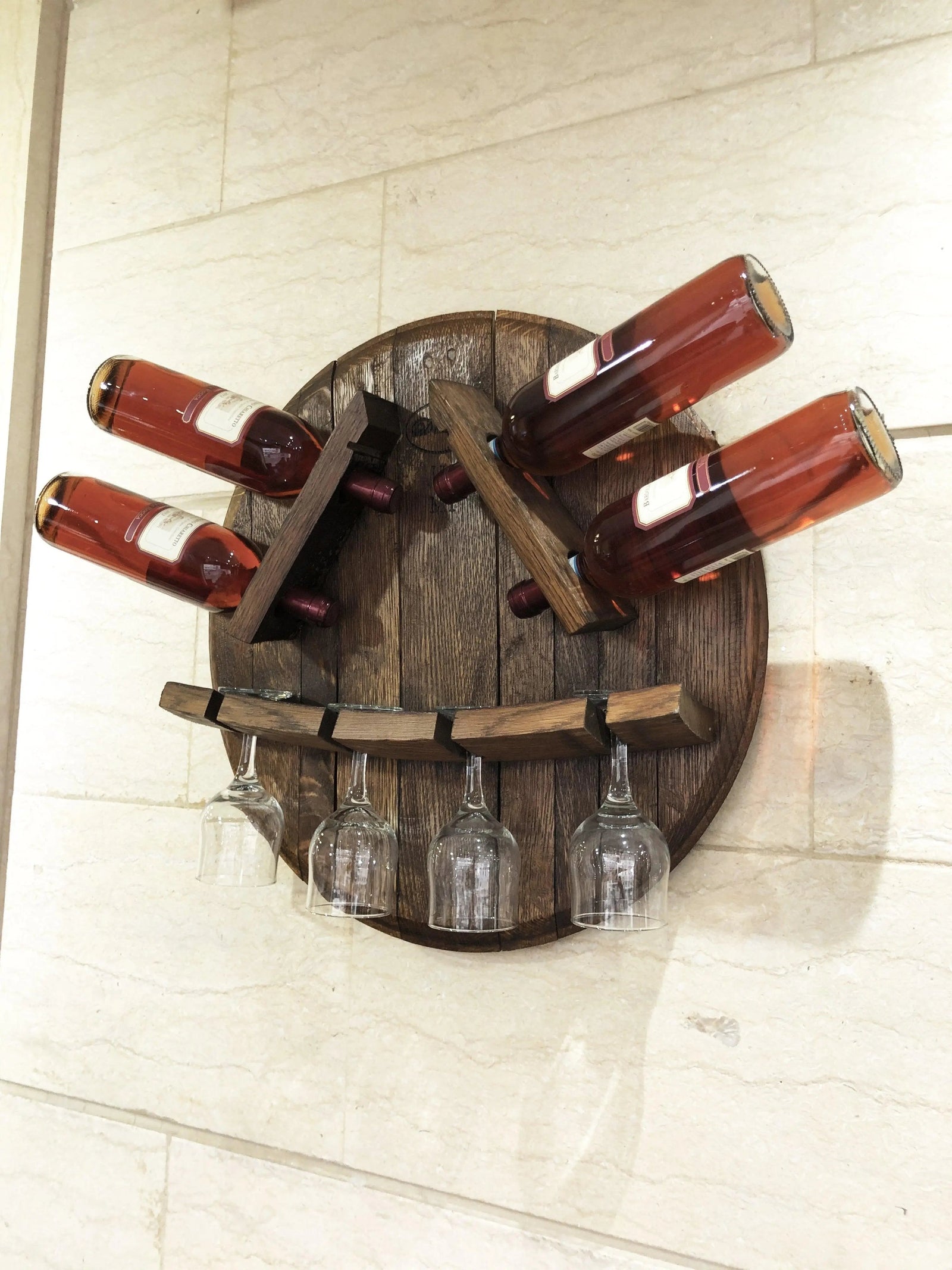 Wine Barrel Head Bottle-Glass Display